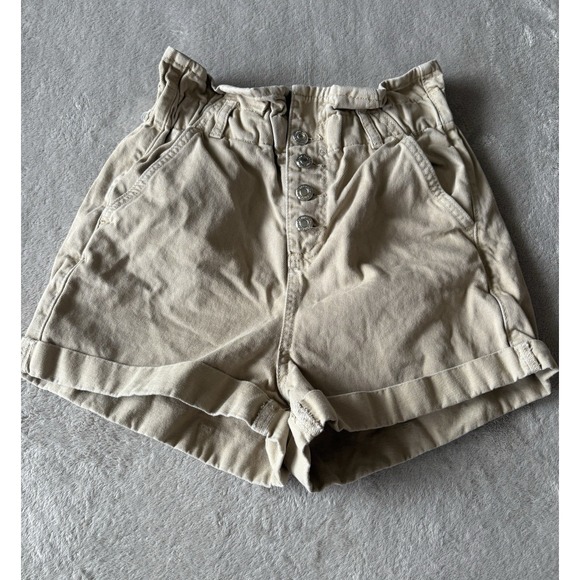 TOPSHOP Women's Size 4 Paper Bag Khaki High Waist Button Fly‎ Shorts - Picture 1 of 8